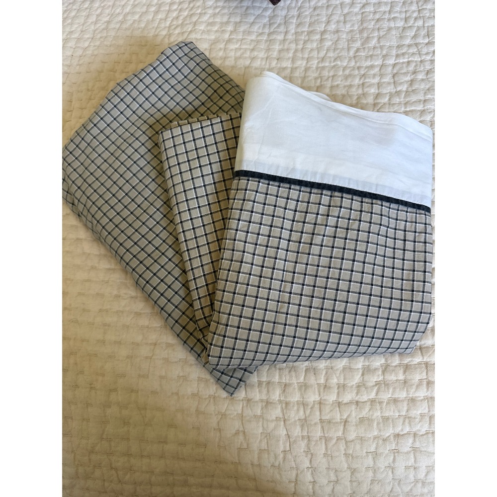 Nautica Home Twin Sheet Set 100% Cotton Tan Navy Grid Check Deep Pocket 2pc